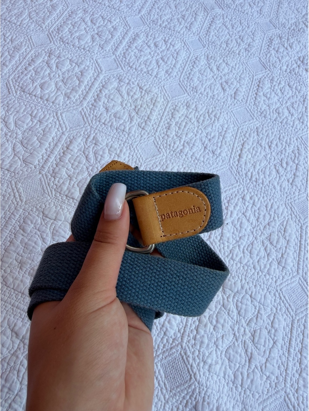 Patagonia Blue Canvas Webbing Belt with Leather Accents, 32 inches